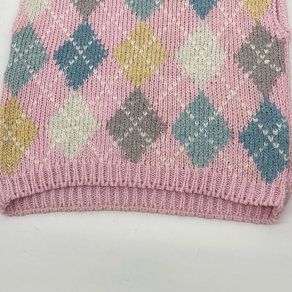 80’s Vintage hand-knit pastel pink argyle sweater-vest ramie metallic Large - Picture 3 of 12